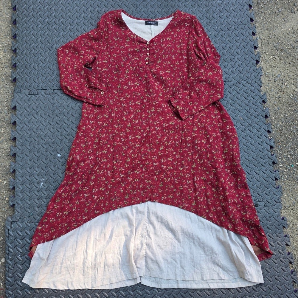 Gracila Womens 4XL Red Floral Layered High Low Midi Long Sleeve Boho V-Neck
